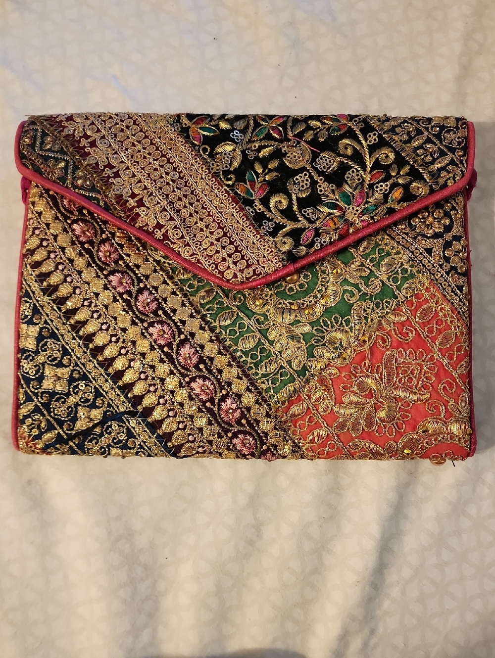 Embroidered Metallic And Thread Patchwork Clutch - Black, Gold, Green, Coral